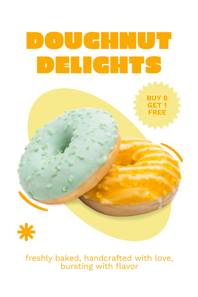 Doughnut Delights Ad with Blue and Yellow Donut Pinterest Modelo de Design