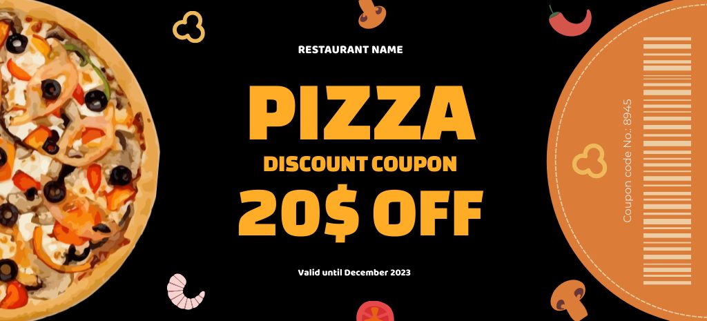 Offer Discounts for Pizza on Black Coupon 3.75x8.25inデザインテンプレート