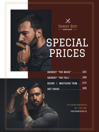 Designvorlage Barbershop-Werbung mit Collage eines stilvollen bärtigen Mannes für Poster US