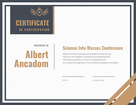 Science Conference Participation Gratitude with Emblem Certificate Design Template