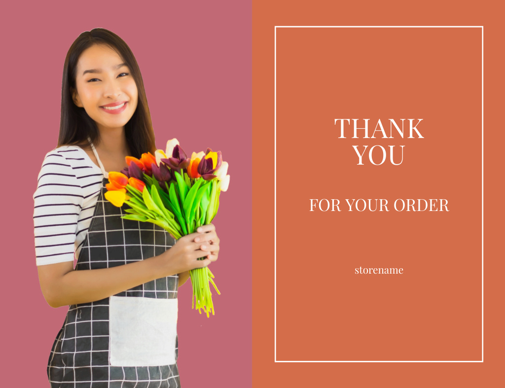 Thank You For Your Order Message with Happy Asian Woman Thank You Card 5.5x4in Horizontal Design Template