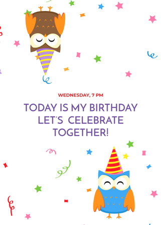 Birthday Celebration Party With Cartoon Owls And Confetti Postcard 5x7in Vertical Design Template