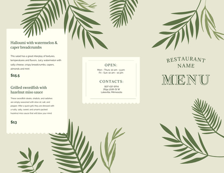 Dishes List With Illustrated Leaves Menu 11x8.5in Tri-Fold Design Template