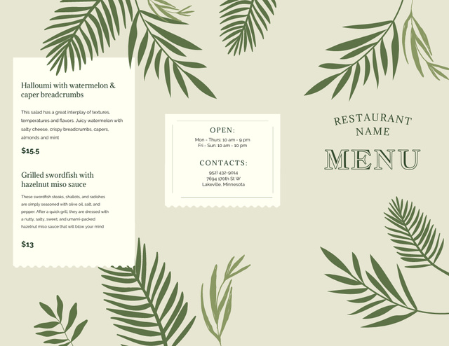 Dishes List With Illustrated Leaves Menu 11x8.5in Tri-Fold – шаблон для дизайну