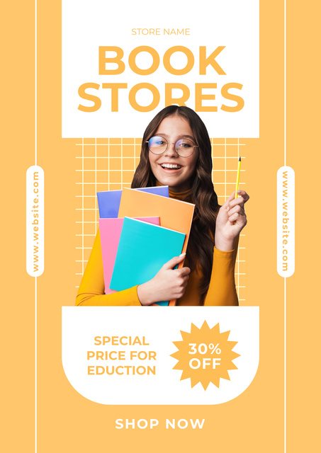 Ontwerpsjabloon van Poster van Happy Schoolgirl on Book Store Ad
