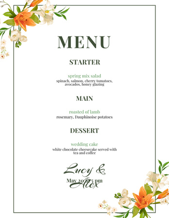 Цветочный декор в списке свадебных блюд Menu 8.5x11in – шаблон для дизайна