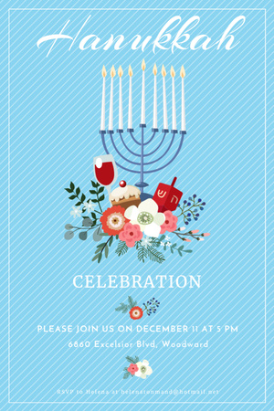 Plantilla de diseño de Invitación de celebración de Hanukkah Menorah en azul Tumblr 