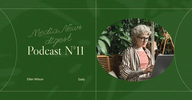 News Podcast Announcement with Woman using Laptop Facebook AD Design Template