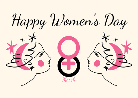 Women's Day Greeting with Illustration of Female Faces Card Design Template