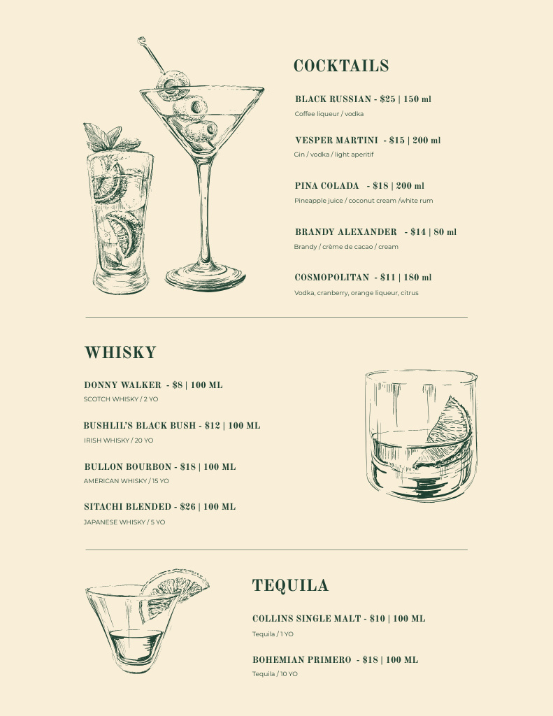 Bar Cocktails Sketches In Beige Menu 8.5x11in Πρότυπο σχεδίασης