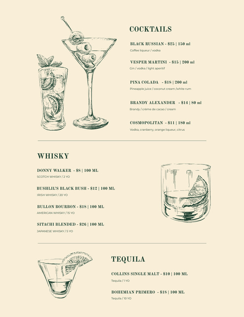 Designvorlage Bar Cocktails Sketches In Beige für Menu 8.5x11in
