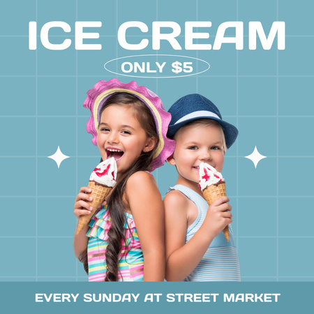 Cute Kids with Yummy Ice Cream In Blue Instagram Design Template