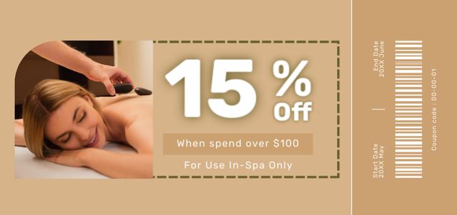 Plantilla de diseño de Spa Salon Discount with Young Woman Receiving Hot Stone Massage Coupon Din Large 
