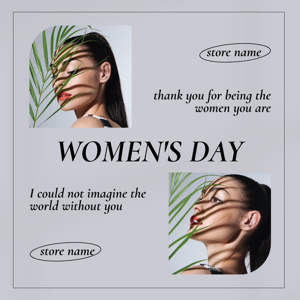 Women's Day Greeting with Beautiful Woman with Leaf Instagram Modelo de Design