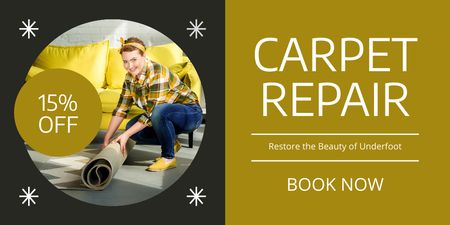 Ad of Carpet Repair Services with Friendly Woman Twitter Design Template