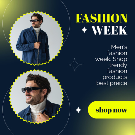 Fashion Week Announcement With Man In Glasses Instagram Design Template