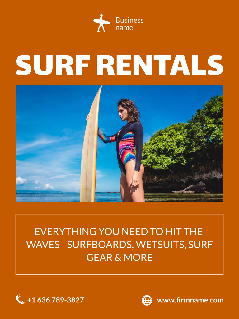 Various Surfboards And Wetsuits Rentals Offer Poster 36x48in Modelo de Design