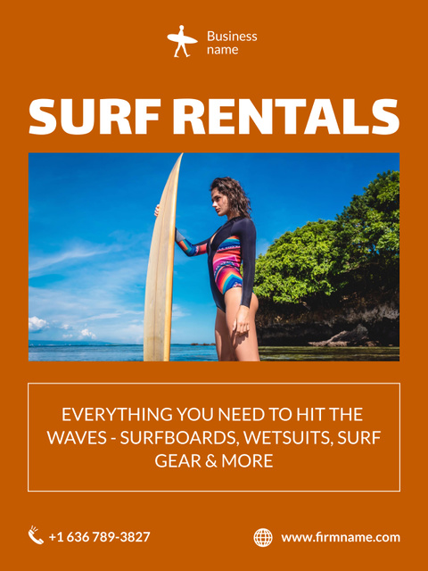 Plantilla de diseño de Various Surfboards And Wetsuits Rentals Offer Poster 36x48in 