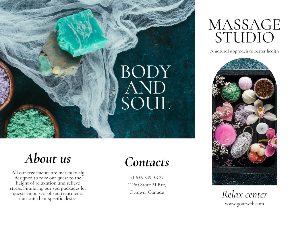 Ontwerpsjabloon van Brochure 8.5x11in van Massage Studio Ad with Handmade Soap and Sea Salt