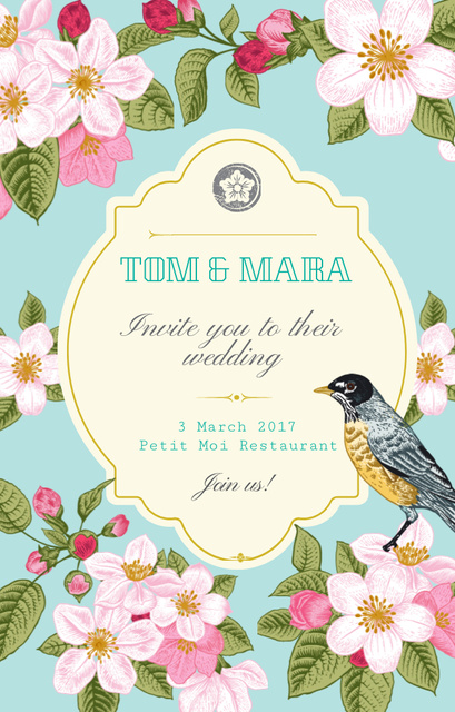 Wedding Announcement With Flowers And Bird Invitation 4.6x7.2in Design Template