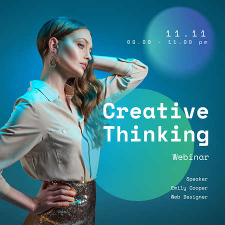 Creative Thinking Webinar Invitation with Beautiful Woman on Blue Instagram tervezősablon