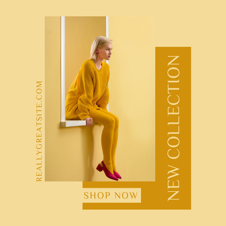 Plantilla de diseño de Nueva colección de ropa con mujer en traje amarillo Instagram 