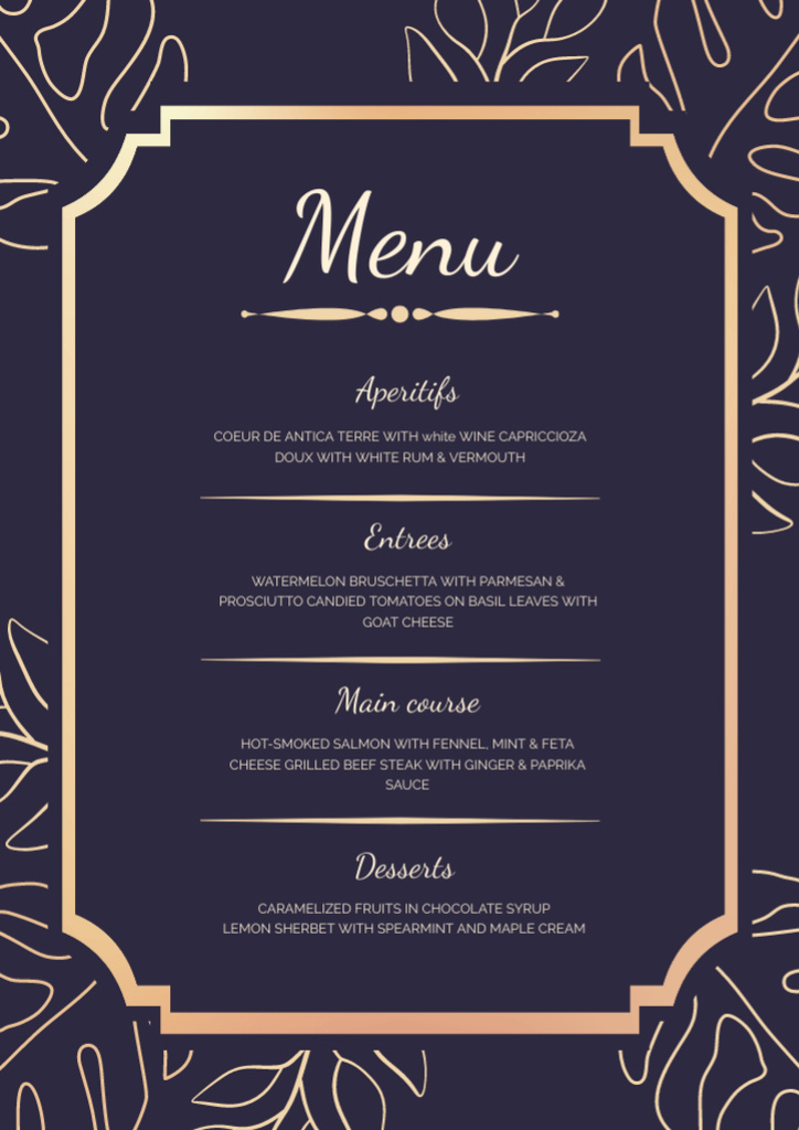 Platilla de diseño Dark Purple Wedding Dishes List with Golden Elements Menu