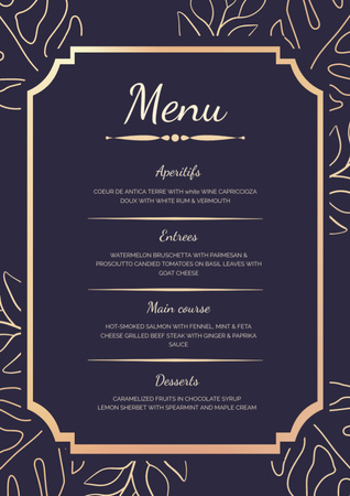 Plantilla de diseño de Lista de platos de boda de color púrpura oscuro con elementos dorados Menu 