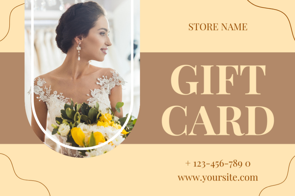 Wedding Dresses Studio Ad with Beautiful Bride Gift Certificate Modelo de Design