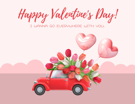 Happy Valentine's Day with Retro Car Carrying Tulips Thank You Card 5.5x4in Horizontal Design Template
