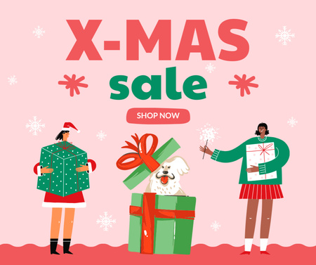 Cartoon Christmas Elfs with Gift Box Facebook Design Template