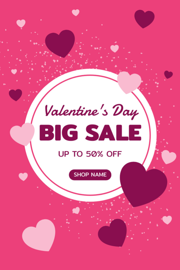Valentine's Day Big Sale Ad with Bright Pink Hearts Postcard 4x6in Vertical Design Template