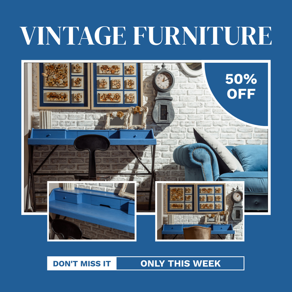 Elegant Vintage Furnishings on Sale In Blue Instagram Πρότυπο σχεδίασης