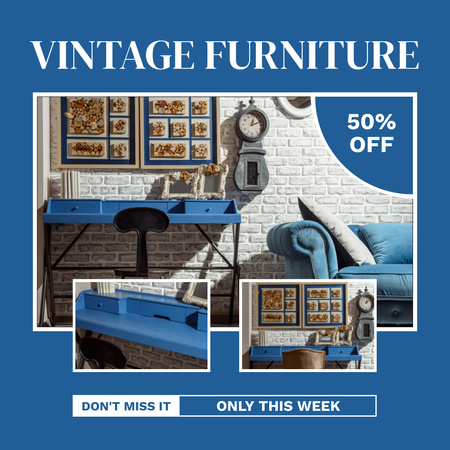 Elegantní vintage nábytek na prodej v modré barvě Instagram Šablona návrhu