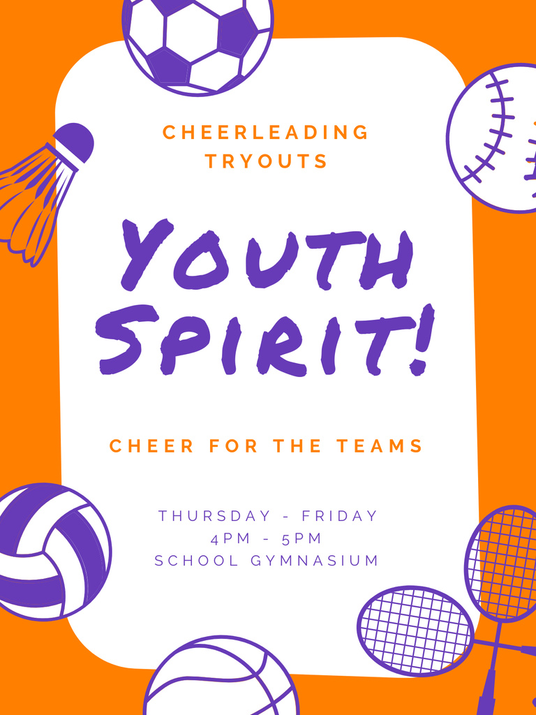 Cheerleading Tryouts Announcement on Orange Poster US Design Template