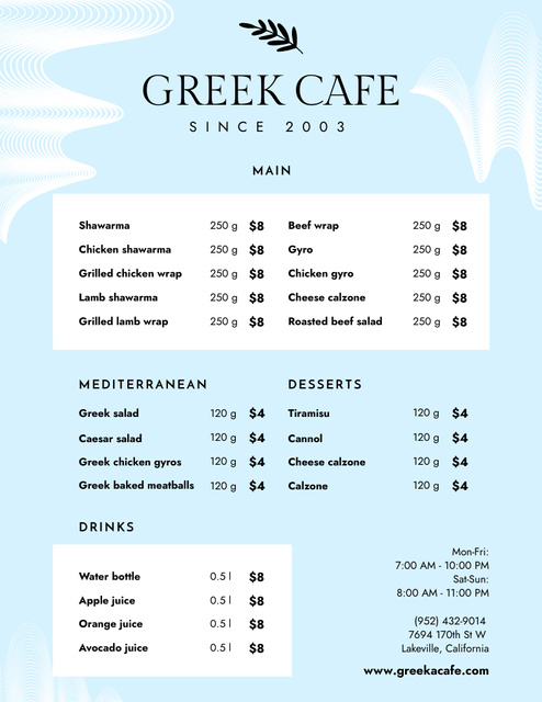 Greek Cafe Services Offer in Blue Menu 8.5x11in Modelo de Design