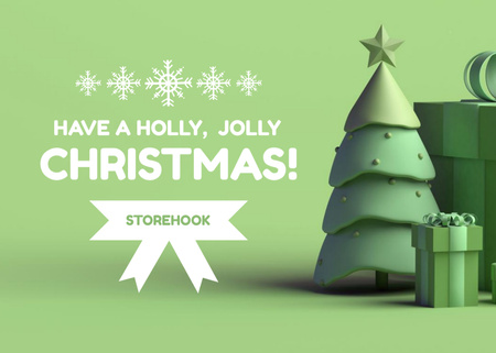 Template di design Auguri di Natale con regali e albero verde e fiocchi di neve Postcard 5x7in
