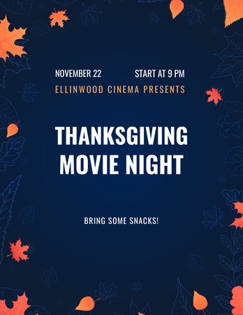 Thanksgiving Movie Night on Orange Autumn Leaves Flyer 8.5x11in Design Template