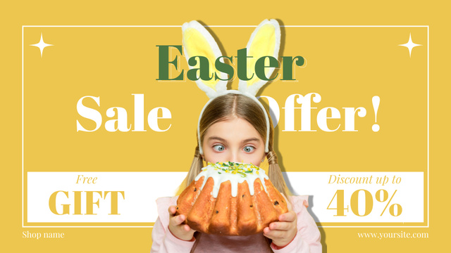 Funny Child with Bunny Ears Holding Beautiful Easter Cake FB event cover Design Template