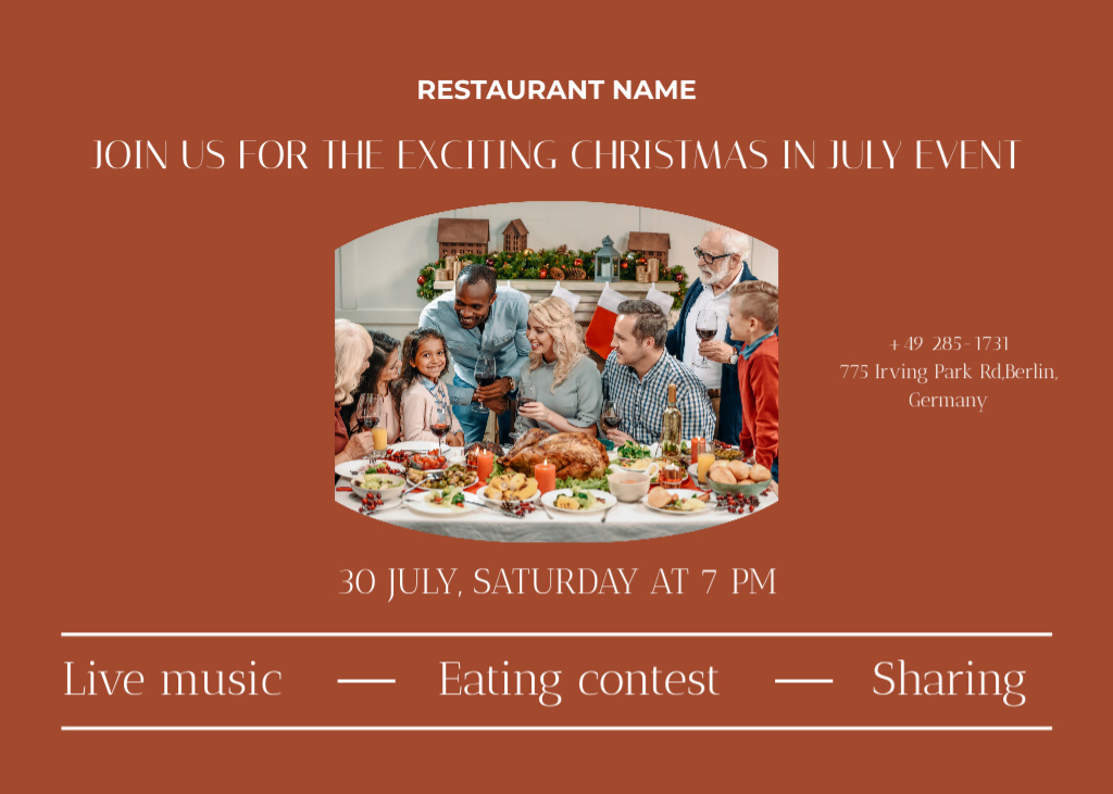 Announcement of Christmas Party in July with Family on Brown Flyer 5x7in Horizontal Design Template