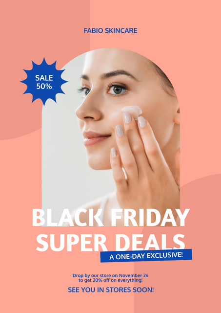 Skincare Ad with Woman Applying Cream on Face Poster Design Template