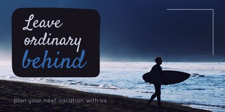 Plantilla de diseño de inspiración de viaje con surfista en la playa Twitter 