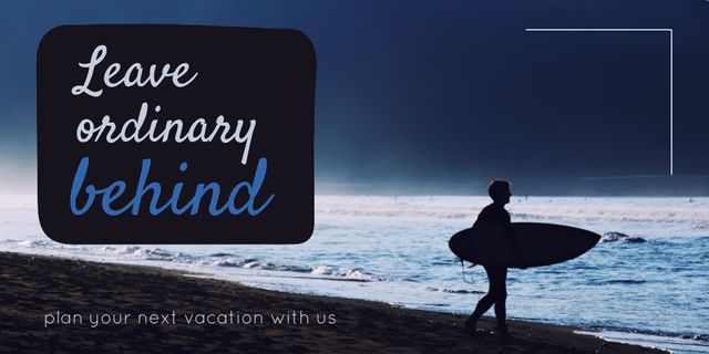 Travel Inspiration with Surfer on Beach Twitter tervezősablon