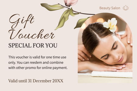 Beauty Salon Promotion with Young Woman Getting Massage Therapy Gift Certificate Design Template