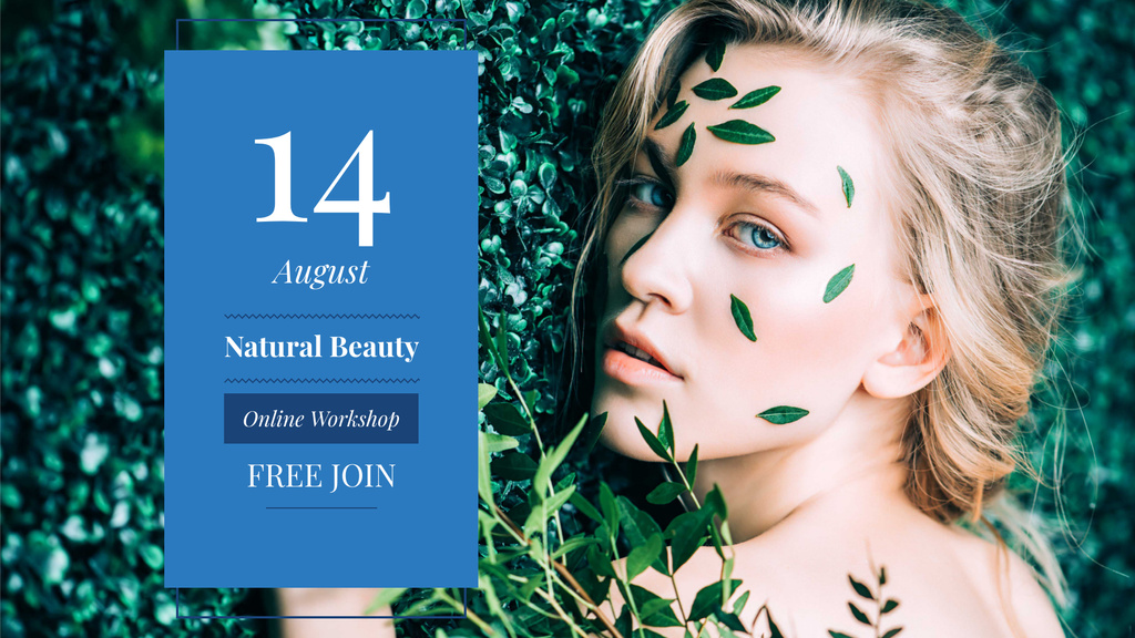 Beauty Workshop with Woman in green leaves FB event cover tervezősablon