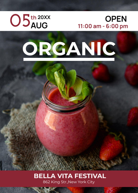 Ontwerpsjabloon van Invitation van Organic Festival with Delicious Strawberry Smoothie