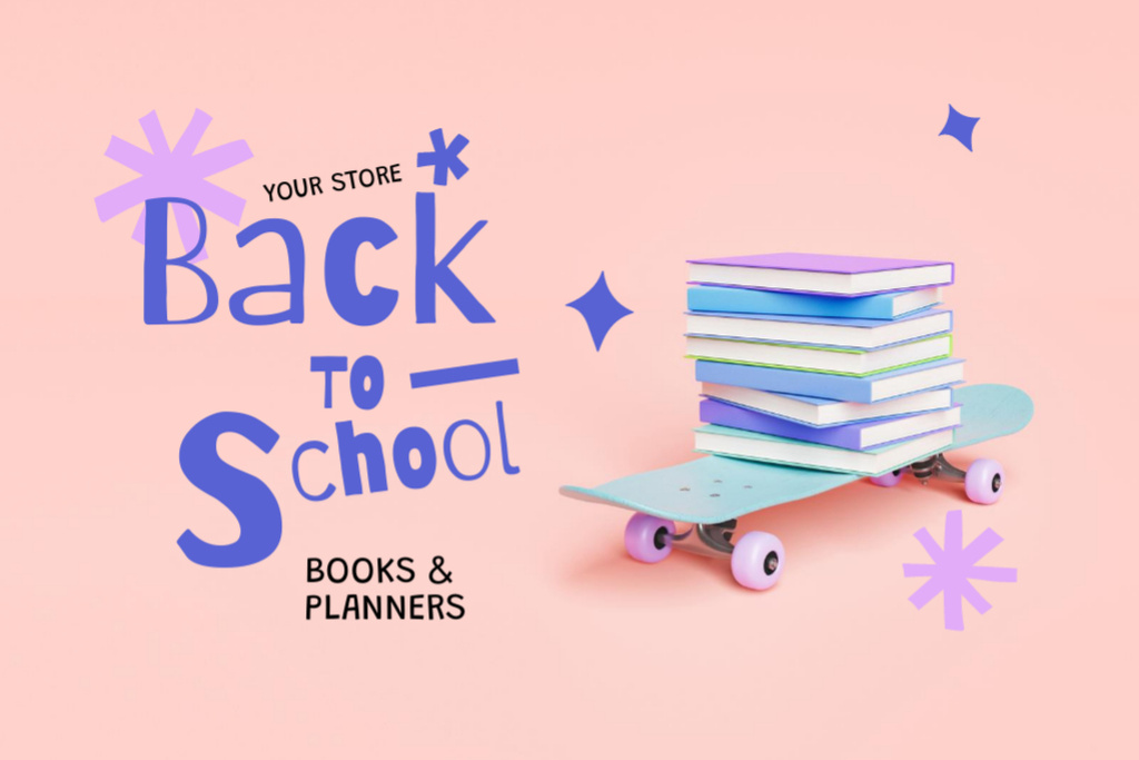 Designvorlage Back to School With Books And Schedulers Offer On Skateboard für Postcard 4x6in