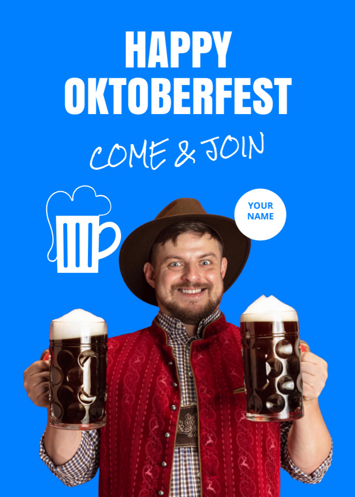 Designvorlage Oktoberfest Celebration Announcement With Beer Glasses and Cheerful Man für Postcard 5x7in Vertical