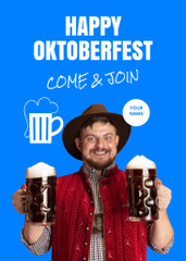 Oktoberfest Celebration Announcement With Beer Glasses and Cheerful Man