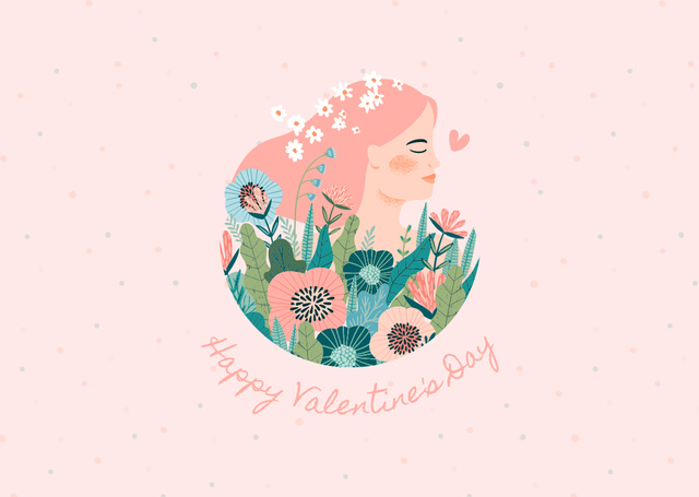 Happy Valentine's Day Greeting with Beautiful Woman Profile in Flowers Card Design Template